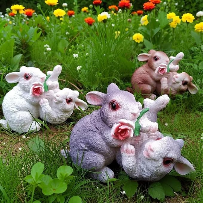 Garden Statues Bunny Decor Resin Flower Rabbit Figurine Cute Fairy Garden Decor Outdoor Statues for Patio Yard Porch Balcony Gifts for Women Mom Grandma Brown