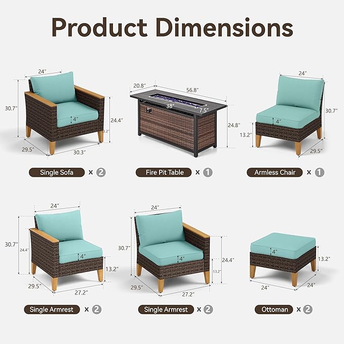 GREEN PARTY 9 Pieces Wicker Patio Furniture Set with 56" Fire Pit Table, All-Weather Outdoor Rattan Patio Sectional Sofa Conversation Set 9 Seats with 4" Thick Cushions for Garden, Backyard (Blue)