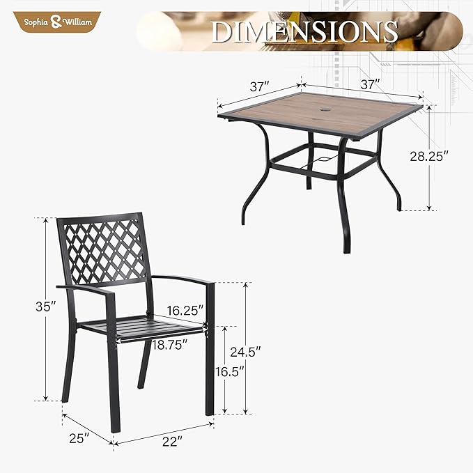 Sophia & William Patio Table and Chairs Set, Outdoor Dining Set for 4, 5 Piece Metal Patio Furniture, 37" Square Table with Wood-Like Tabletop(Beehive)