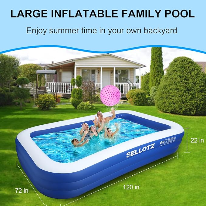 Inflatable Pool for Kids and Adults, 120" X 72" X 22" Oversized Thickened Family Swimming Pool for Toddlers, Outdoor, Garden, Backyard, Summer Water Party