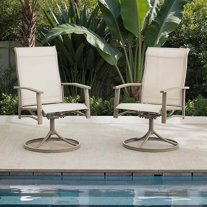 Patio Swivel Chairs Set of 2, Outdoor Swivel Chairs with Armrest, High Back Patio Chair with Metal Frame, All-Weather Outdoor Dining Chair for Deck, Porch and Lawn, Ivory Beige