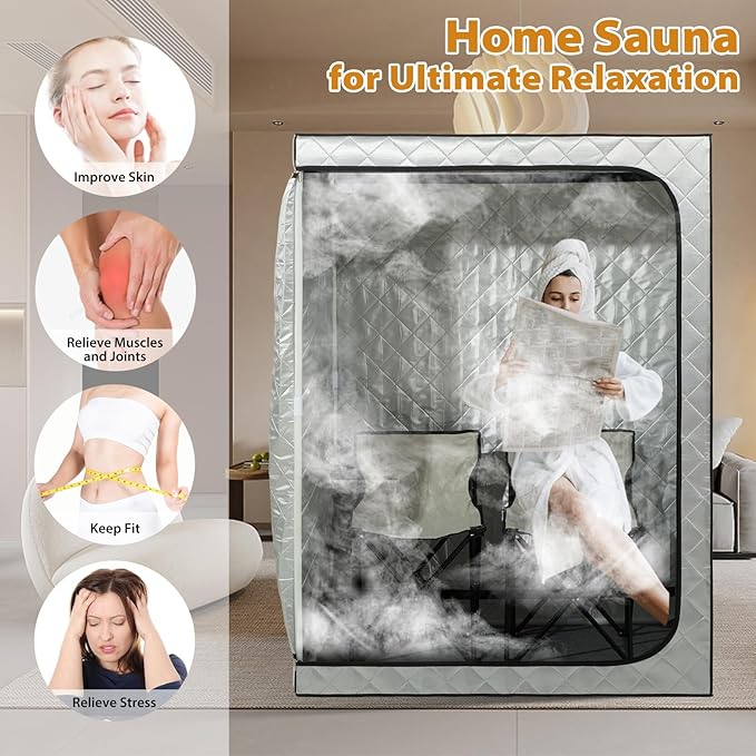 Gollense Portable Sauna for Home 2 Person Steam Tent with 2 Folding Chairs, Full Size Large Foldable Indoor Steam Box for Relaxation, Steamer NOT Included, Sliver