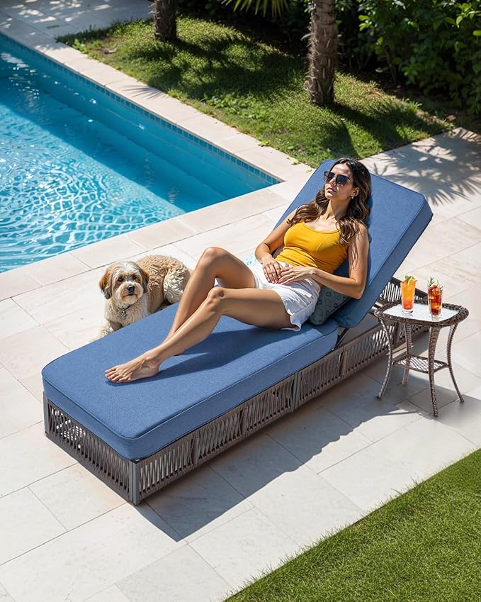 Luxury Outdoor Chaise Lounge with 5 Inch Thickened Cushions - 1 Set High Back Brown Wicker Patio Recliners Rattan Reclining Chairs Porch Poolside Pool Sunbathing Lounger - Navy Blue