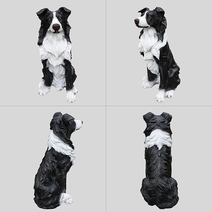 Border Collie Solar Welcome Statue, Hand-Painted Resin Sitting Dog Figurine with Lantern and Dual Wooden-Style Signs, Intelligent Guardian Sculpture for Garden and Porch Décor