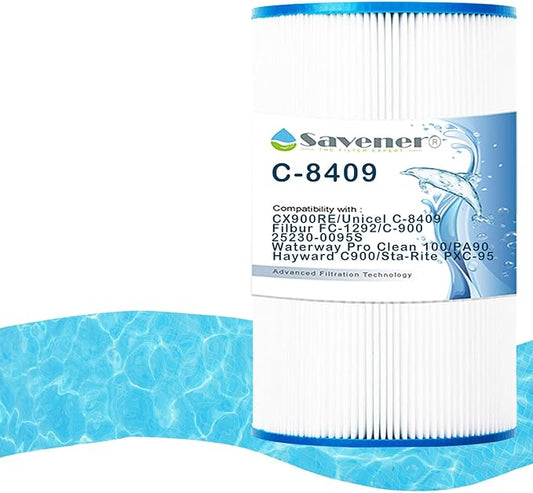 Savener® C-8409 Pool Filter Cartridge, Compatible with Hayward C900, CX900RE, Unicel C-8409, Filbur FC-1292, Sta-Rite PXC-95, Waterway Pro Clean 100, C-900, PA90, 25230-0095S, 90 Sq. Ft, 1 Pack