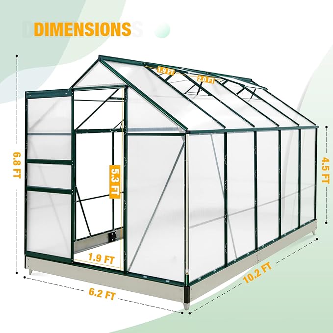 EAGLE PEAK 10x6x7 Outdoor Walk-in Hobby Greenhouse with Adjustable Roof Vent and Rain Gutter, Base and Anchor, Polycarbonate Aluminum Green House for Backyard Garden, Dark Green