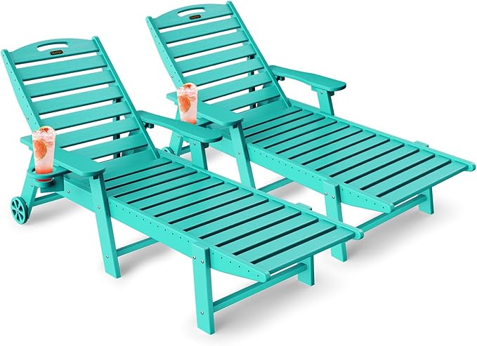 Lounge Chair Outdoor Set of 2, HDPE Chaise Lounge Chair Outdoor with 6-Position & Wheels &Cup Holder, Pool Lounge Chair for Pool Poolside Deck Backyard Patio, Lake Blue