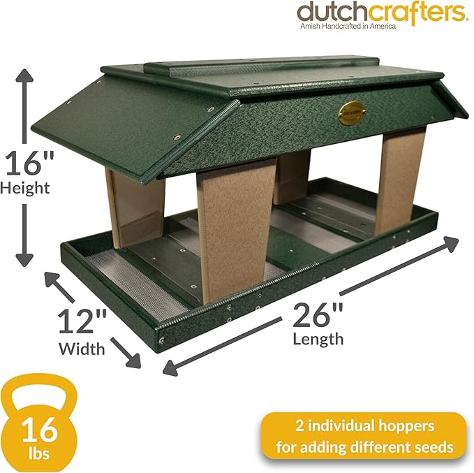 DutchCrafters Poly Post Mount Extra Large Double Hopper Bird Feeder, Outdoor Wild Bird Feeder for Outside, USA Amish Made (Turf Green & Weatherwood)