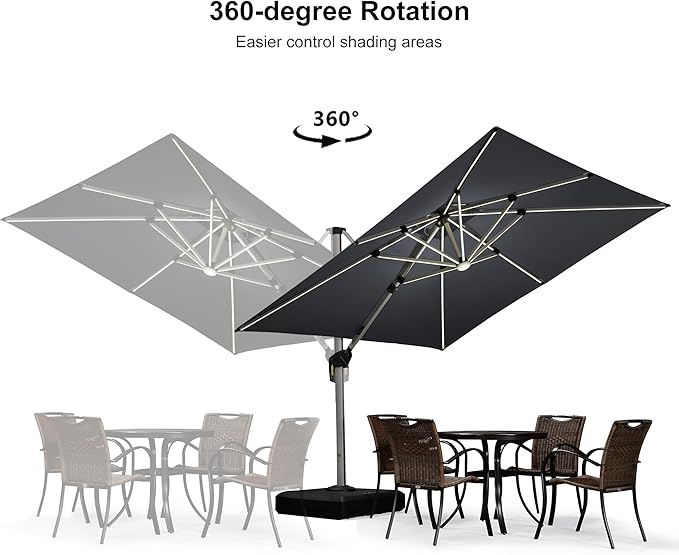 PURPLE LEAF 9 Feet Solar Powered LED Square Cantilever Umbrella With Base Patio Umbrellas Windproof Hanging Outdoor Umbrella Offset Umbrellas, Grey