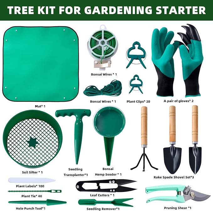 18-Piece Gardening Kit with Bonsai Tools, Succulent & Herb Planting Set, Pruning Shears, Seed Trays, Waterproof Mat – Durable BPA-Free Indoor & Outdoor Garden Tool Set Gift