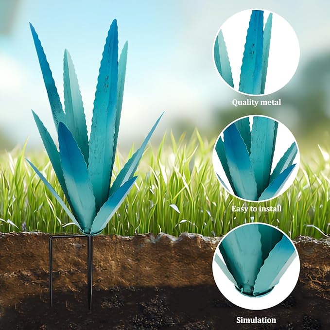 EROCK 2 Pcs Tequila Rustic Sculpture, Wind Resistant Metal Agave Plant Outdoor Home Decor, DIY Rustic Hand Painted Metal Agave Garden Art Plant Country Sculpture Statue Patio Stake Lawn Ornament Gift