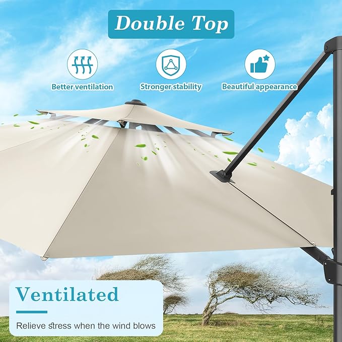 HOTIME10x10ft Patio Umbrella Cantilever Umbrella Double Top - Upgrade and Intensify - 360 Rotation and 5 Angles Adjustment - Aluminum Offset Pool Umbrella Outdoor Umbrellas for Patio Garden Deck Pool
