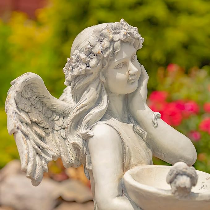 Zaer Ltd. 39" Tall Magnesium Angel Statue Figurines for Outdoor and Indoor Use (Holding a Birdbath Jazmin, Antique White)