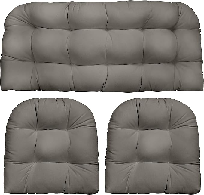 RSH DECOR: 3-Piece Wicker Tufted Cushion Set | 41” x 19" & 19" x 19" | All-Weather Spun Fabric | Water Resistant | Outdoor Loveseat & U-Shape Cushions for Patio Furniture | Charcoal Grey (Gray)