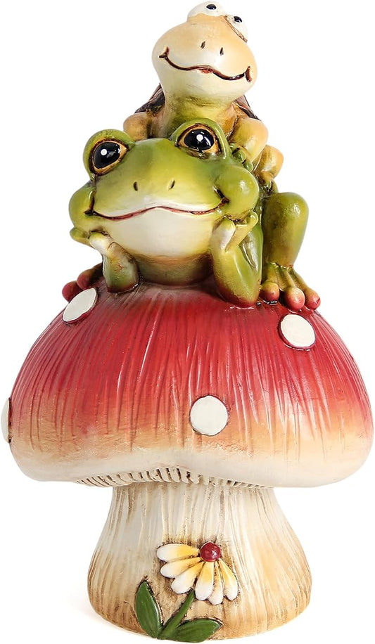 Leekung Turtle Riding Frog Sitting On Mushroom for Garden Decor, Frog Statue&Mushroom Figurines for Outdoor Garden Backyard Yard Porch Patio Lawn, Spring Decorations Gardening Gifts for Women Unique