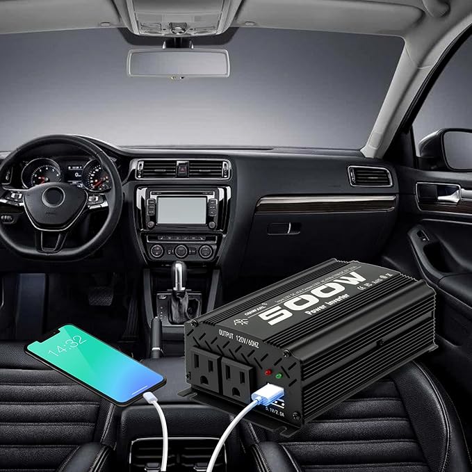 500W Modified Sine Wave Power Inverter DC 12V to AC 110V, Peak 1000Watt, Car Plug Inverter Adapter Power Converter with 4.2A Dual USB Charging Ports Black