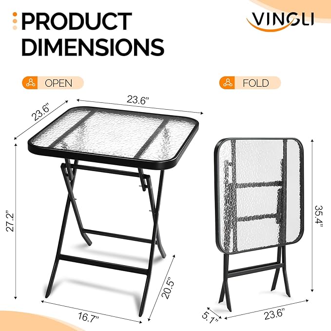 VINGLI Folding Glass Outdoor Side Table, 23.6 Inches Small Foldable Patio Bistro Table with Tempered Glass Table Top for Lawn & Garden, Balcony, Porch and Pool, Rectangular