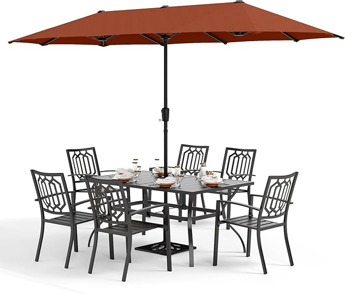 PHI VILLA Patio Dining Set 8 PCS with 13ft Double-Sided Patio Umbrella(Orange Red)，Metal Outdoor Dining Set - 6 x Outdoor Stackable Chairs, 1 x 60"x38"Rectangle Dining Table and 1 Umbrella