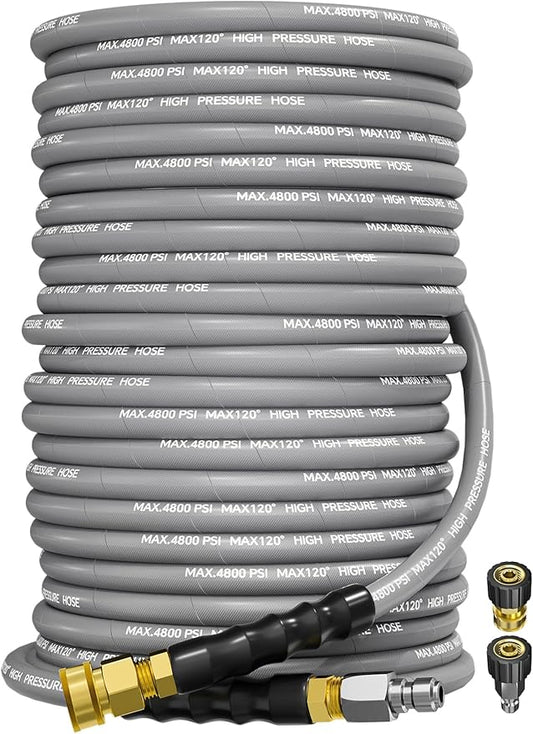 3/8" 4800PSI Pressure Washer Hose 150FT with Swivel Quick Connect for Cold/Hot Water Max 248°F, Kink Resistant Steel Wire Braided, Wear Resistant Power Washer Hose with M22 14mm Adapter