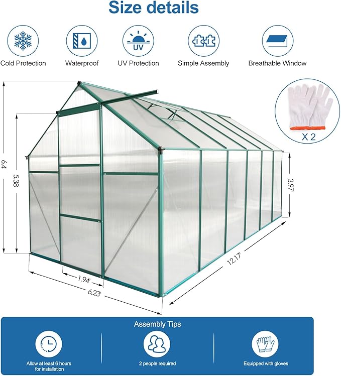 6x12 FT Greenhouse Outdoor Polycarbonate Hot House,Garden Plants Houses with Raised Base,Sliding Door and Adjustable Vent Roof for Patio,Easy to Install,Green