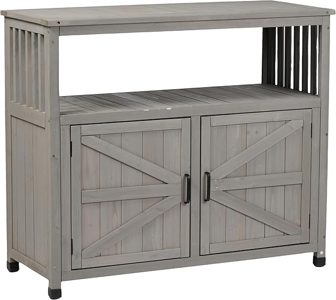 Modern Grey Solid Wood Patio Bar Table Set with Convenient Storage – Ideal Buffet Cabinet Sideboard for Outdoor and Indoor Use!