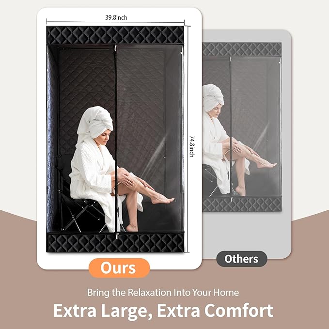 New UpgradeRed Light Collapsible Fridge Sauna Box for Relaxation,Detoxification,Portable Steam Sauna for Home with XL Steamer,16 Levels, 75”x 40”x40”，Double Doors，Larger Folding Chair, (Black)