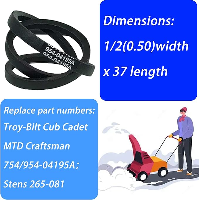 954-04195A Snow Thrower Auger Drive Belt 1/2" x 37" for Troy Bilt Cub Cadet Craftsman MTD Columbia Yard Machines 754-04195 754-04195A 954-04195 Stens 265-081(2 Pcs)