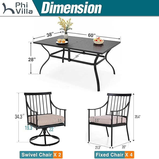 PHI VILLA 7 Pieces Outdoor Dining Set with Cushion for 6, 60” Rectangular Metal Dining Table with Umbrella Hole & Cushioned Iron Swivel Chairs Furniture Set for Patio, Deck, Yard