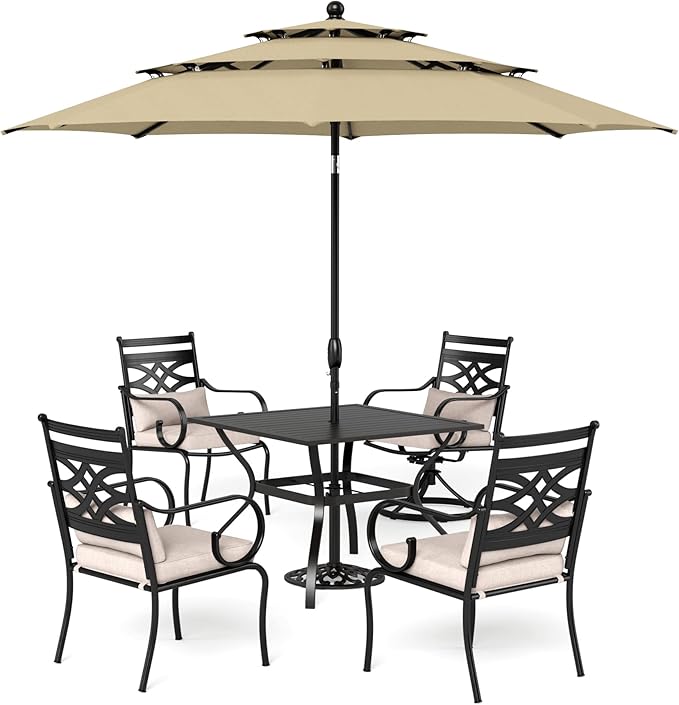 Sophia & William Patio Dining Set with Umbrella 6 Pieces, Outdoor Table and Chairs with 10ft Patio Beige Umbrella(No Base), Weather-Resistant for Garden, Backyard, Lawn, Balcony