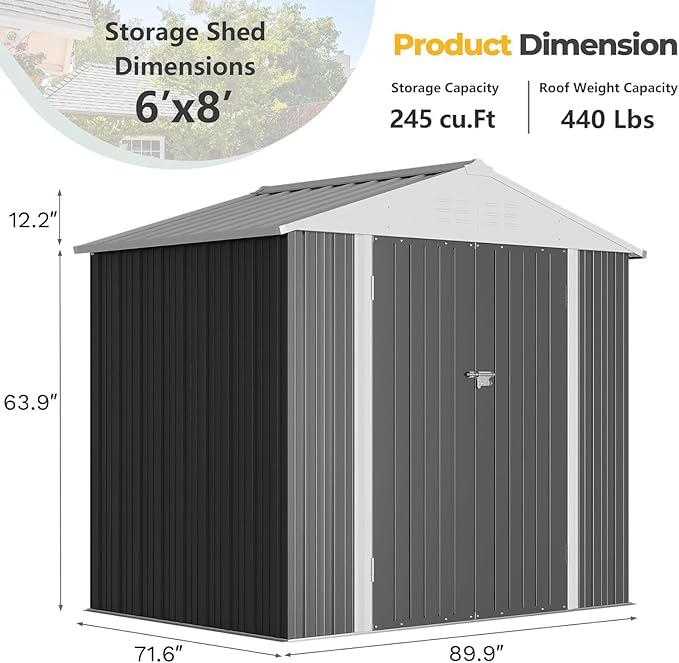 Furniwell 6x8 FT Outdoor Storage Shed, Metal Garden Sheds Outdoor Storage House with Single Lockable Door for Backyard Patio Lawn, Gray