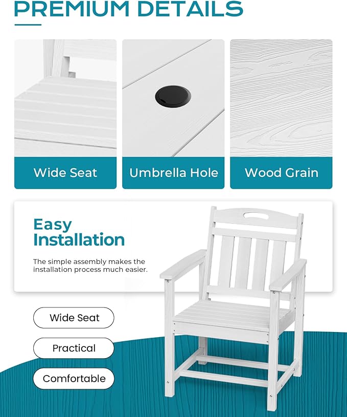 Ciokea HDPE Outdoor Dining Table with Umbrella Hole,66" Rectangle Patio Table for 6,All-Weather Outdoor Patio Furniture Set for Garden Backyard,White