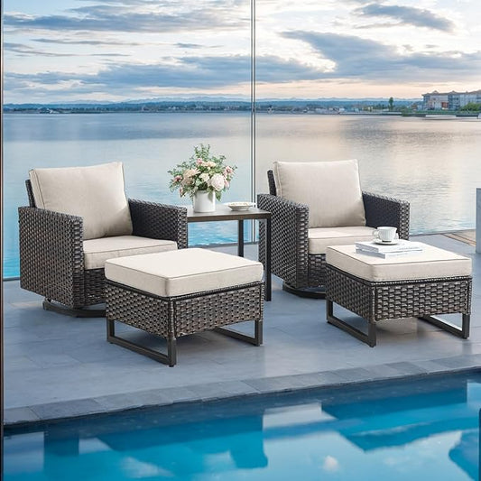 Rilyson Wicker Outdoor Patio Furniture Set - 5 Piece Patio Conversation Set with 2 Swivel Rocker Chairs,2 Rattan Ottoman and 1 Metal Side Table for Outside Porch Deck Backyard Garden(Brown/Beige)
