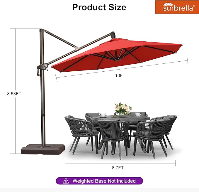 PURPLE LEAF 10FT Cantilever Patio Umbrella with 360-degree Rotation Aluminum Round Outdoor Offset Hanging Umbrella for Patio Pool, Red