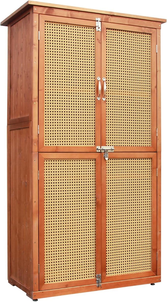 60 Inches Outdoor Storage Shed, Wood Shed with Rattan Indoor Storage Cabinet with Floor, Adjustable Shelves for Patio, Garden,Lawn and Living Room, Brown