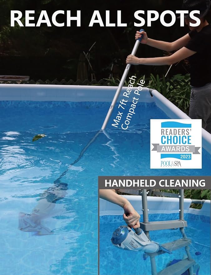 KOKIDO 2025 Cordless Pool Vacuum with 72” Pole, Standard & Fine Interchangeable Filters, Ideal for spot Cleaning, 2 Vac Heads, Spot Clean, for Small Above & Inground Pools, Spas Hot Tubs XV320