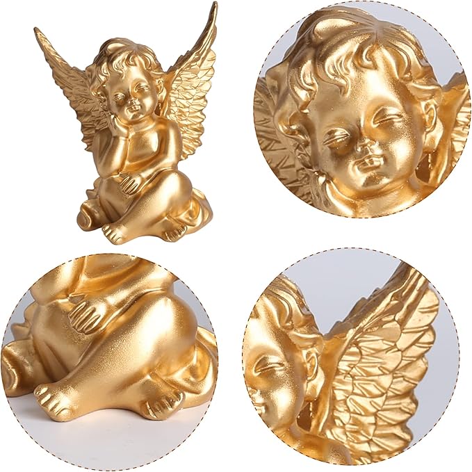 orenm 2 Pack Resin Cherubs Gold Angel Statue Figurine, Garden Sleeping Cherub Statue Sculpture Indoor Outdoor Home Decoration, Cute Adorable Angle Sculpture Memorial Statue(4" Height) (Gold)