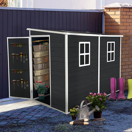 LANTRO JS Outdoor Storage Shed with Floor Included, 4x8FT Plastic Storage Shed with Floor with 2 Windows and Lockable Door, Backyard Storage Sheds for Garden Tools, Bike