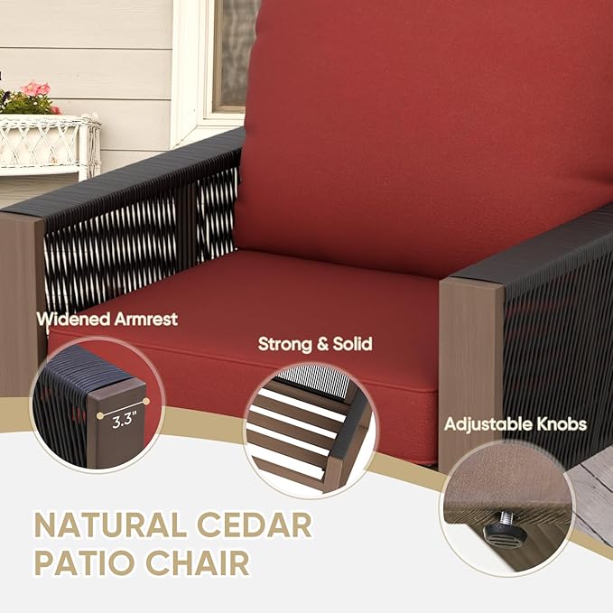 COOS BAY Natural Cedar Wood Patio Chair with Cushions, Durable Outdoor Furniture, Patio Dining Armchair for Deck, Porch, or Garden, 2 Pieces, Brownish/Red
