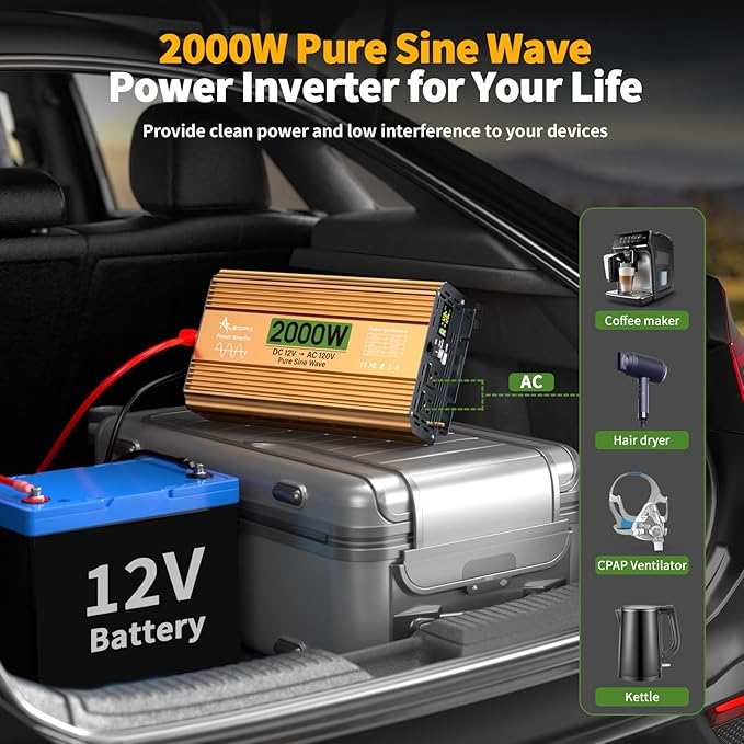 2000 Watt Inverter 12V DC to 110V/120V AC, Pure Sine Wave Inverter for Truck/RV/Home/Solar/Off-Grid, Surge 4000W Pure Sine Power with 2 AC Sockets, 5V 3.4A USB, Digital Display, Remote Controller