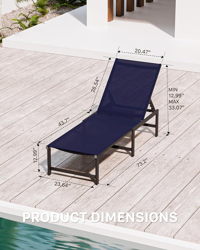 Chaise Lounge Chair Outdoor, Aluminum PatioChairs with 5 Adjustable Backrest and HeadrestPillows for Outside Beach，NavyBlue
