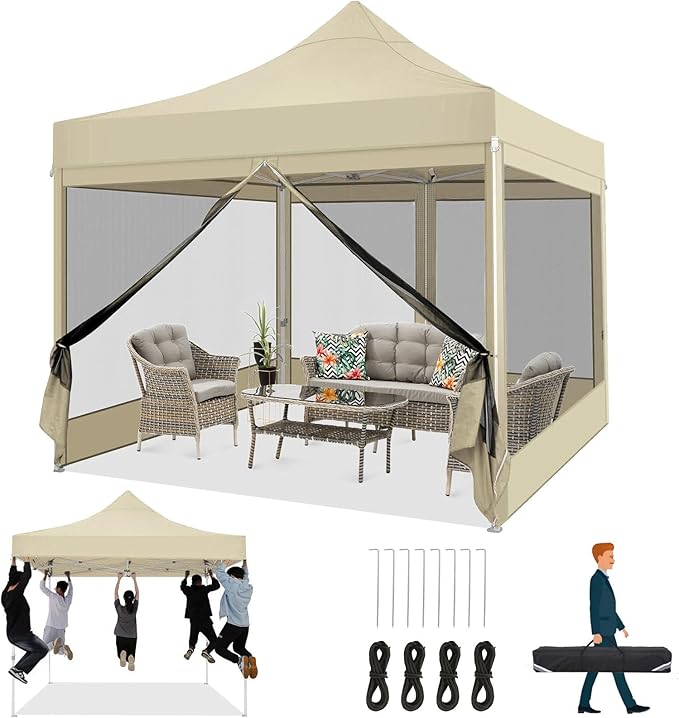 COBIZI 10x10 Heavy Duty Pop Up Canopy Tent with 4 Sidewalls, Commercial Gazebo Party Tent with Mosquito Netting Wall Easy Set Up Outdoor Instant Screen Canopy for Backyard, Patio, Garden, Khaki