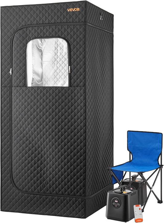 VEVOR Upgraded Portable Steam Sauna for Home, 1 Person Full Body Home Spa Tent with Steamer & 1 Foldable Chairs & Remote & Essential Oil Box,Heavy-Duty Stainless Steel Frame Sauna Box, (Black)