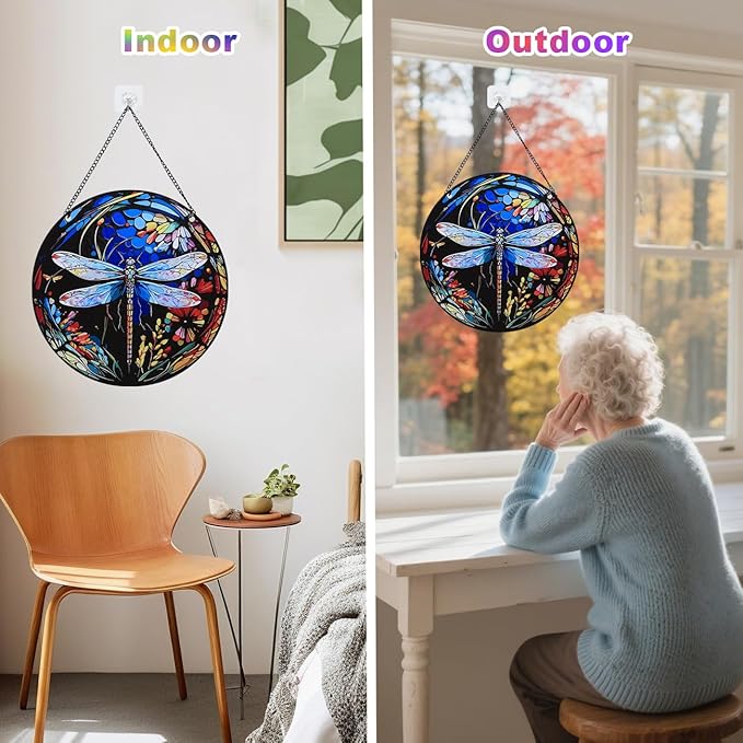 Stained Glass Window Hanging - Dragonfly Stained Glass Suncatcher, Sun Catchers for Indoor Window Decor, Gift for Women,Mom,Friends (12 Inch)