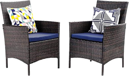 PHI VILLA Patio Wicker Chair Set of 2, Outdoor Modern PE Rattan Armchair with Removable Cushions for Deck, Porch, Balcony