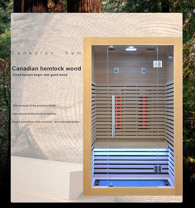 Wooden Infrared Sauna Room, Canadian Hemlock Low EMF, 2-3 Person 1832W Personal Home Spa Carbon Heater Sauna Full Spectrum Sauna Room
