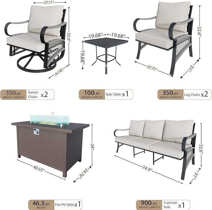 7 Pieces Outdoor Patio Conversation Sets with All Weather Cushions, Metal 3-Seater, 2 Swivel Rockers, 2 Single Chairs, 1 Side Tables, 1 Fire Pit Table for Backyard Deck Porch Poolside, Beige