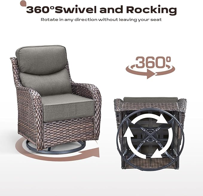 Rilyson Wicker Outdoor Patio Furniture Set - 8 Piece Patio Conversation Sets with Swivel Rocker Chairs, Ottomans, Sofa and Coffee Table, 6 inch Cushions, Deep Seating, for Porch Deck Brown/Grey