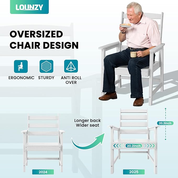 LOUNZY 9 Pieces Patio Dining Sets, Outdoor HDPE Furniture Set for 8 w/ 2" Hole Cut-Out Dining Table 75.2in with 8 Patio Chairs(2 W/Armrest, 6 w/o Armrest), White