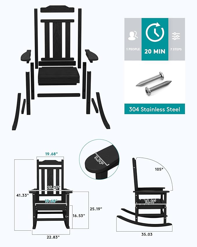 SERWALL Black Outdoor Rocking Chair Set of 2, All Weather Patio Rocking Chair, HDPE Poly Rocking Chair for Adults, Heavy Duty Front Porch Rocker
