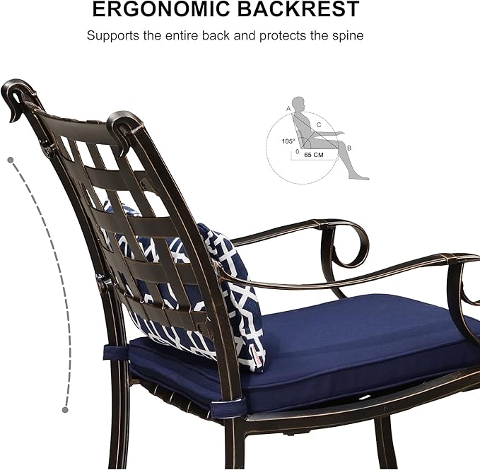PURPLE LEAF 5 Pieces Patio Dining Set Cast Aluminum Patio Furniture with 4 Armchairs and 47" Round Table, Pillow Included, for Lawn Yard Garden Oudoor Dining Set, Navy Blue